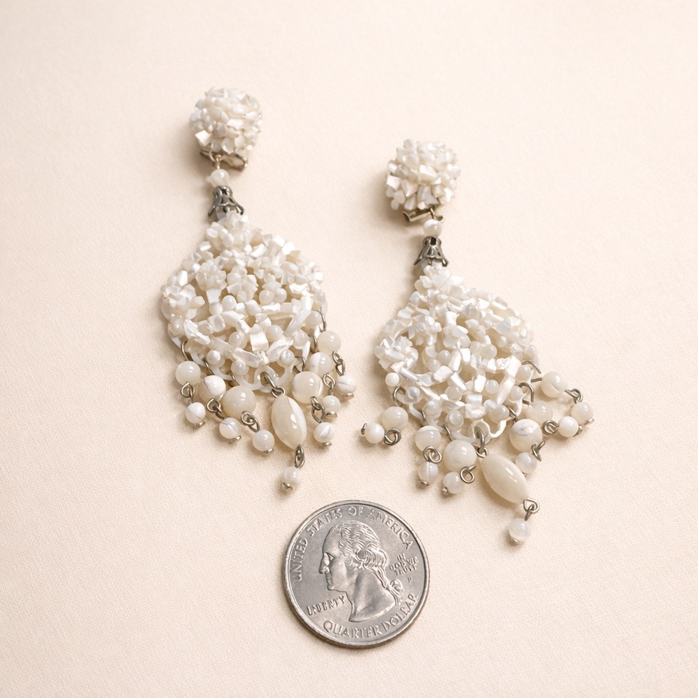 Vintage DUBLOS Mother of Pearl Chandelier Earrings White Flamenco Style - Picture 2 of 3
